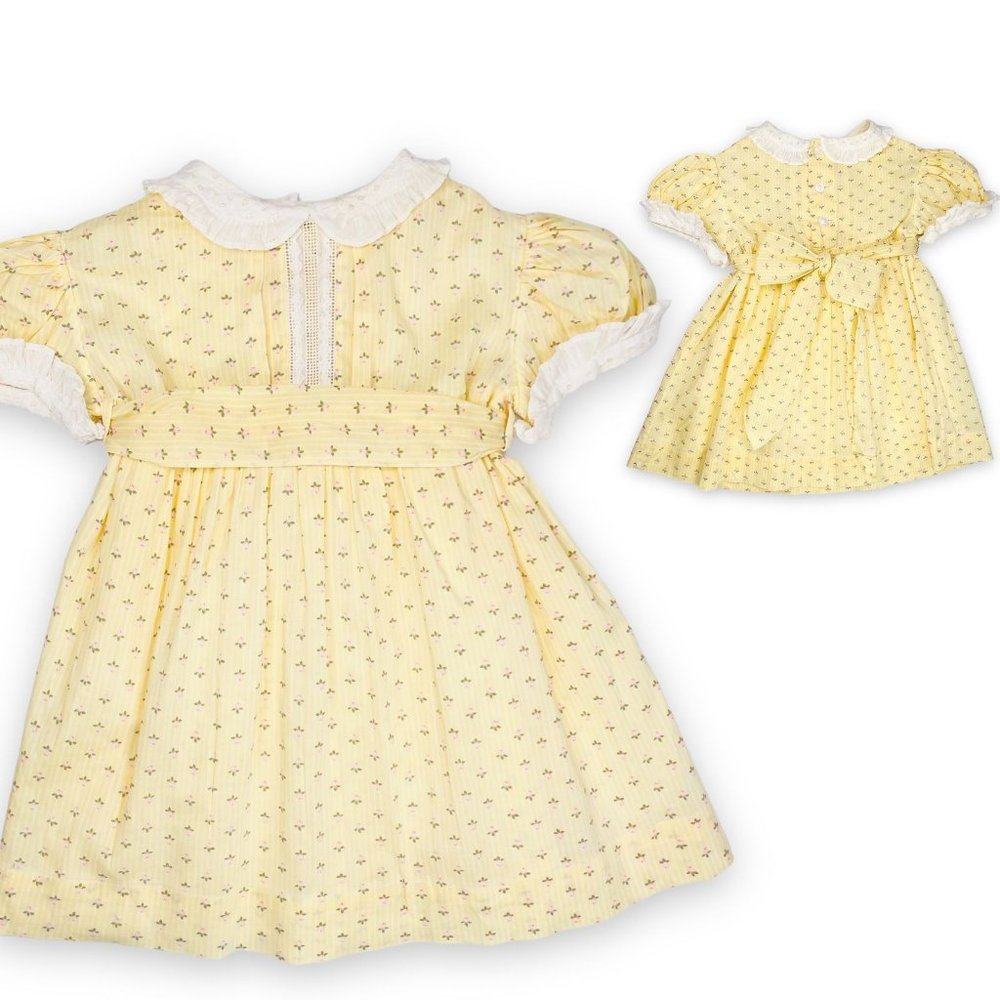 Vintage Girls Yellow Floral Lace Collared Short Sleeve Bow Back Dress 9m / 12m